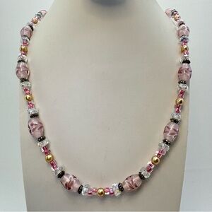 Pink Lamp Work Glass Bead Necklace Gold Crystal Accent Vintage Style